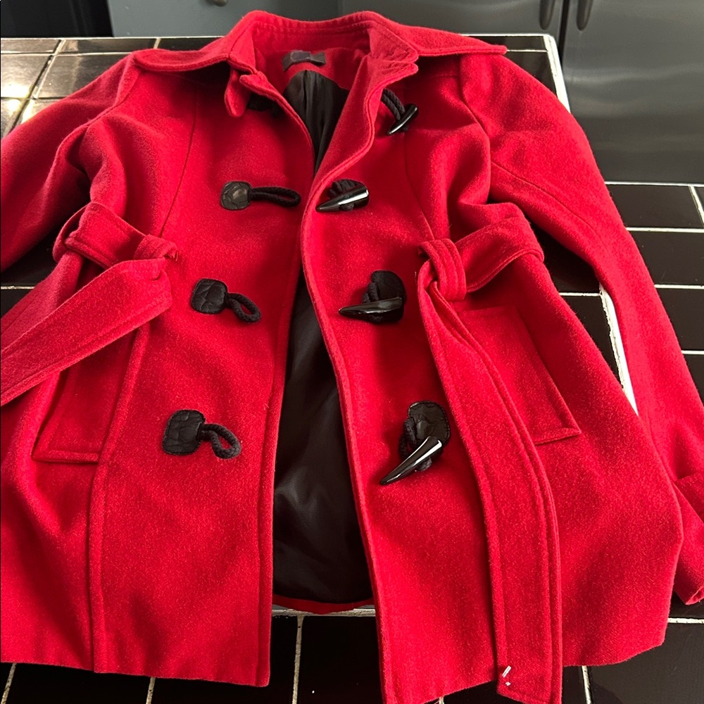 Elegant Red Trench Coat with Black Accents